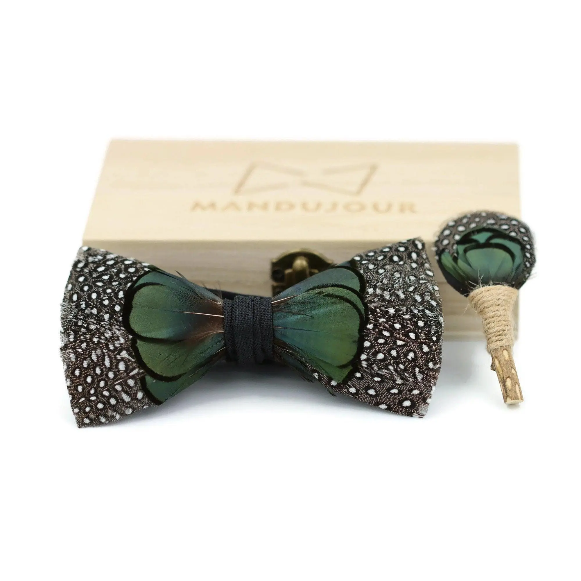 Seattle Polka dot Green Pheasant Feathers Bow Ties lapel Pin Set - Mandujour Handmade
