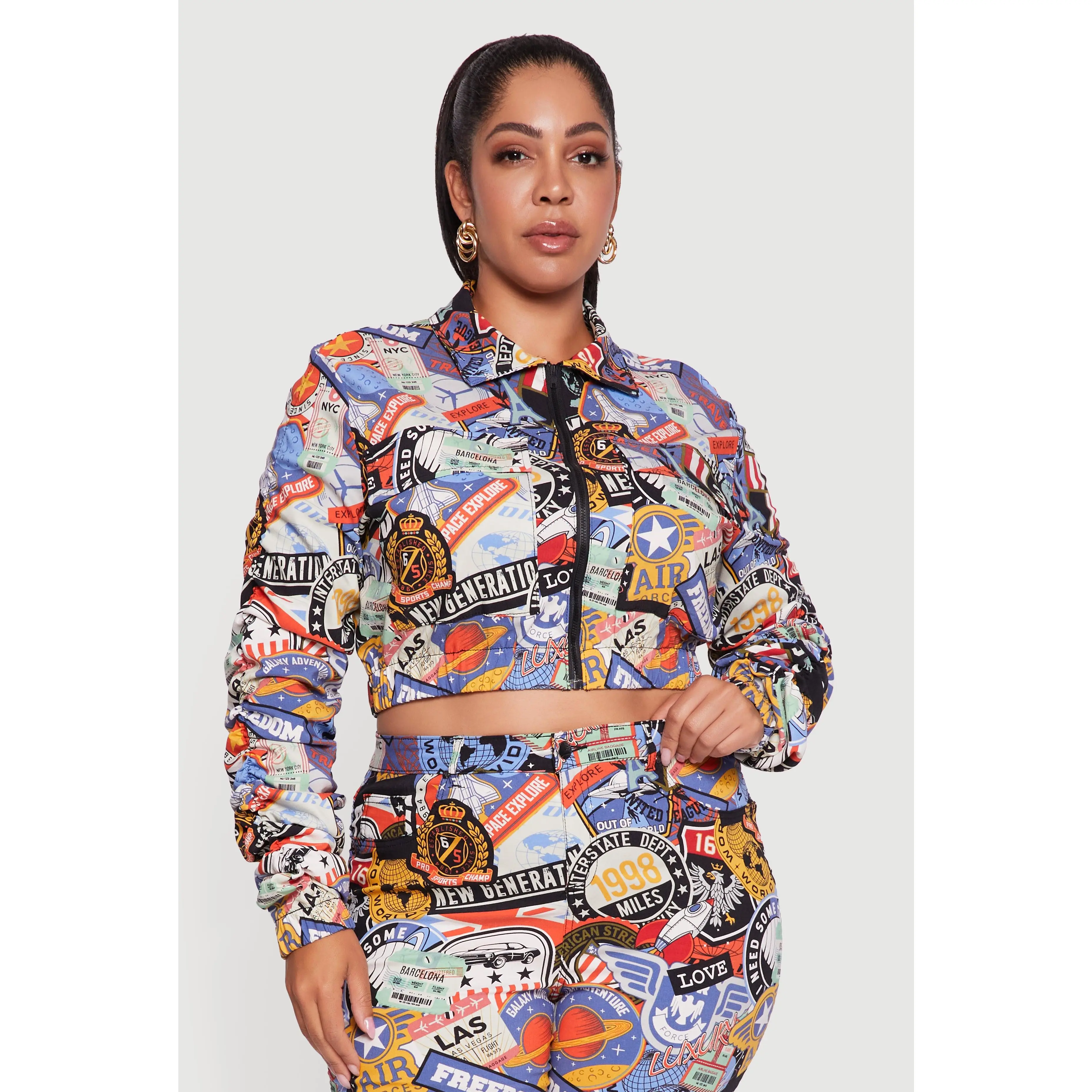 Plus Size Side Ruched Patterned Zip Front Cropped Jacket