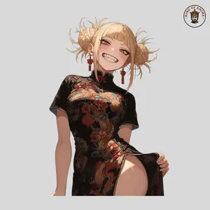 Himiko Toga Sticker, Elegant Cheongsam Vinyl Sticker, Laptop and Phone Decor, Smirking Toga in Black Dragon Dress