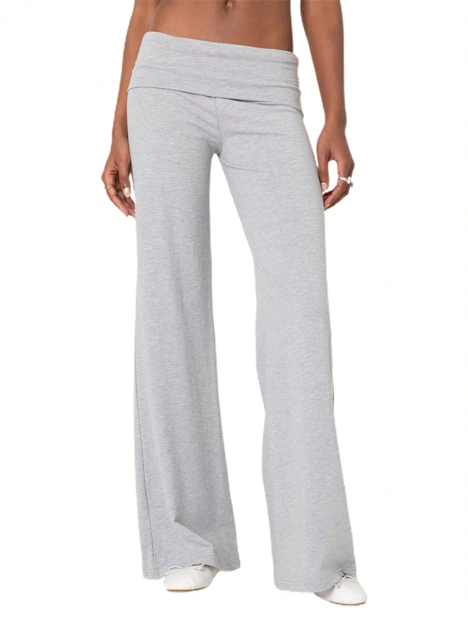 Women Palazzo Yoga Pants Fold Over Flare Leggings Low Rise Solid Color Stretch Casual Wide Leg Pants Comfy Lounge Pants Bootcut Bell Bottoms Baggy Sweatpants Streetwear