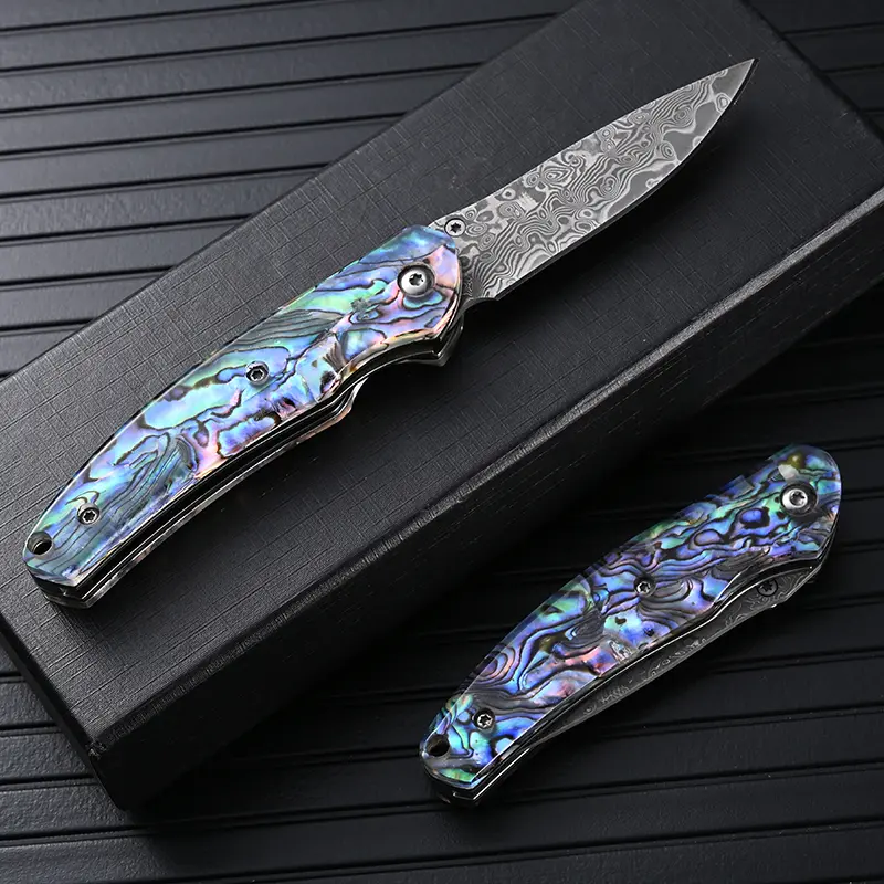 Damascus Pattern Folding Kitchen Knife with Abalone Shell Handle, Portable EDC Cutting Tool for Camping & Household Fruit Slicing, Foldable Cutter