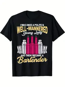 Black T-Shirt Featuring a Polite Woman Bartender, Made from Medium Stretch Fabric That Is Machine Washable, Suitable for Spring, Summer, And Fall. Ideal for Parties And Commuting, This Playful Graphic Tee Is Made from Non-Transparent Material
