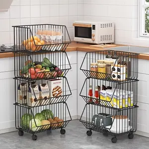 3/4/5 Layers Fruit And Vegetable Basket, Snack Cart, Stackable Fruit And Vegetable Storage Basket With Wheels, Metal Wire Storage Basket Storage Cart, Suitable For Kitchen, Food Storage Room, Bathroom, Utility Racks