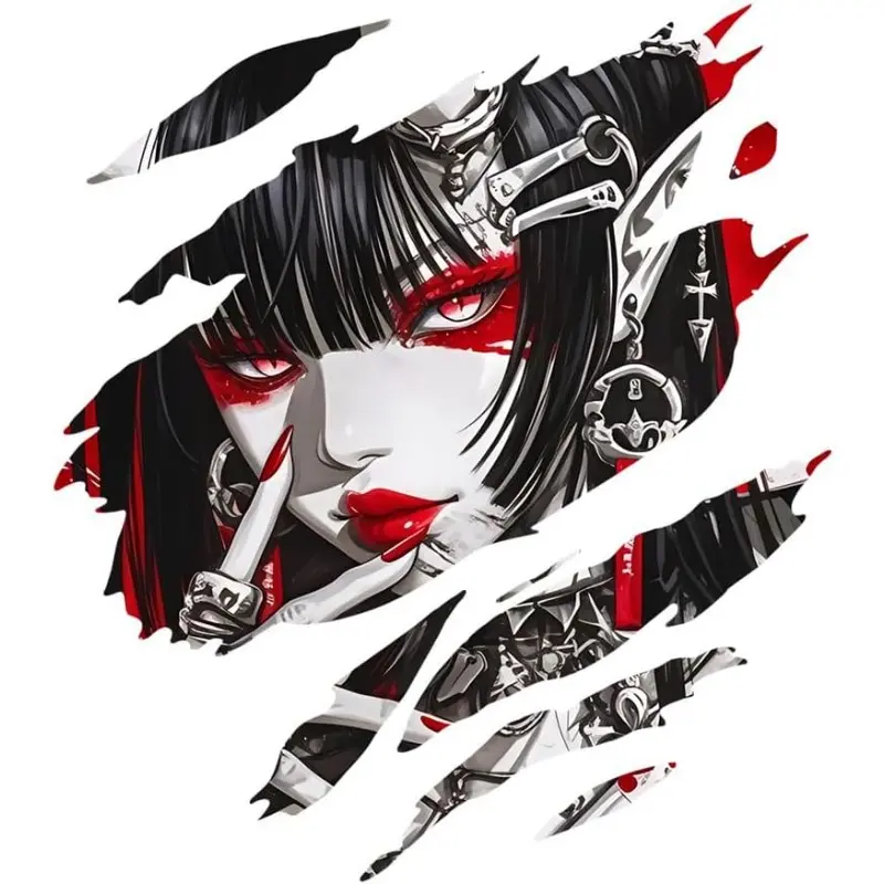 1PC Fits vehicle bodies, anime merch & dark decor, it “adds dark cyber vibe” during daily commutes, anime check-ins & cyber meets, the red-eyed mechanical+shattered outline design fits various items, a decal highlighting Sticker Decals