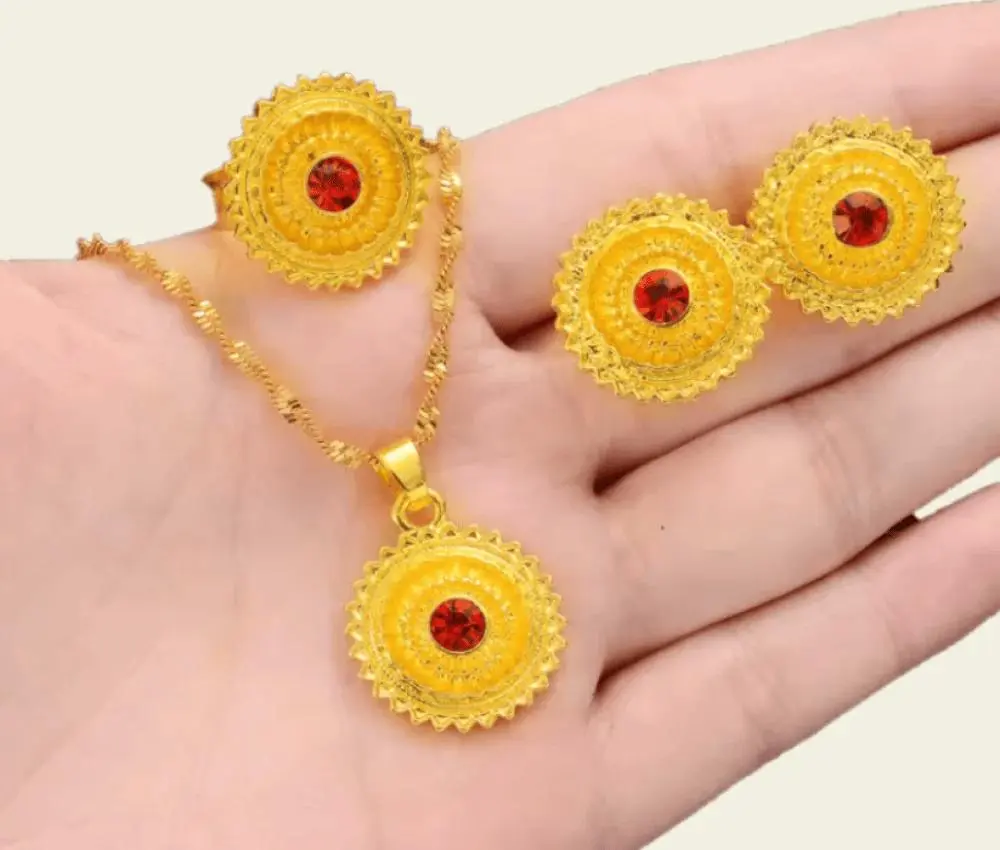 Elegant Ethiopian Royal 3pc Jewelry Set | Golden Sun Necklace with Ruby Red Accents (24KGP) Eritrean | Habesha Wedding | Roots & Culture Bridal Sets