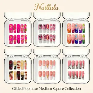 Naillulu ‌|‌ 10PCS 100% Handmade 1.3 inch Press on nails ‌|‌ Gilded Pop Luxe Medium Square Acrylic Nails | For Party, Festival, Date, Vacation & Photoshoot
