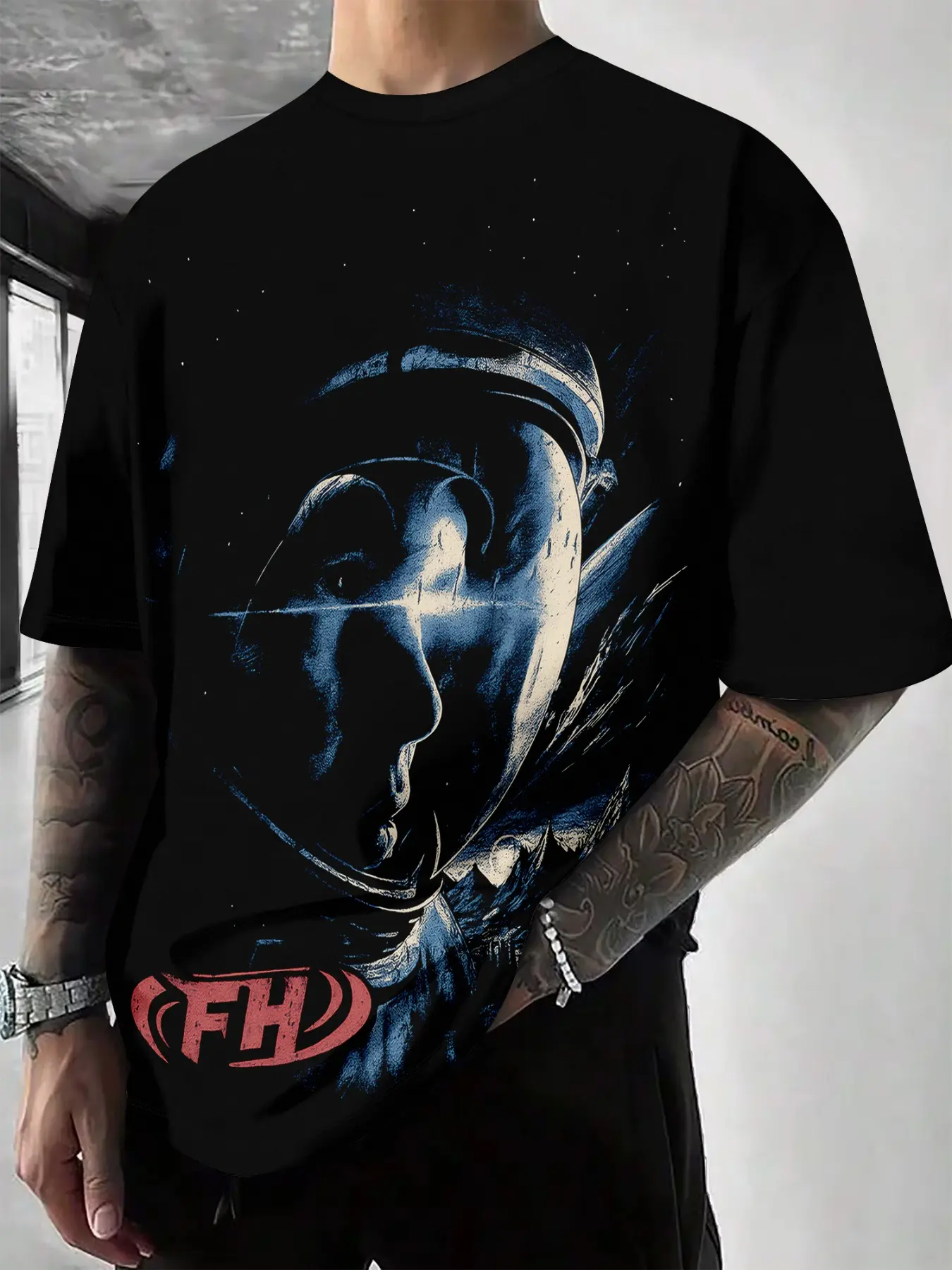 Men's 3D Print T-Shirt, Cyberpunk Future Astronaut Fh Logo Design, Breathable Polyester Fabric, Casual Outdoor Sports Clothing
