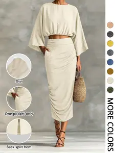 Women's Stylish Loose-Fitting Casual Two-Piece Set, Spring & Fall Comfortable Long Skirt with Waist Definition and Pocket