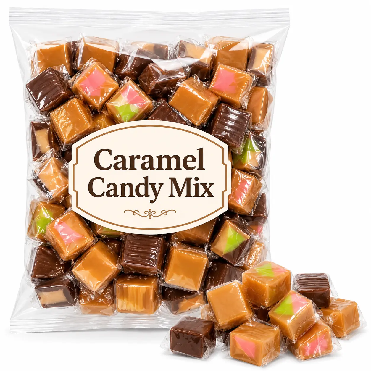Caramel Candy Mix, Filled Caramels Individually Wrapped - 2 Lb Pack | Vanilla, Chocolate, Apple, Strawberry, Caramel Cubes, Chewy Candy