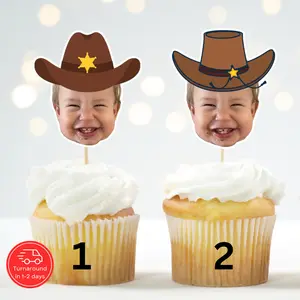 Custom Cowboy Cupcake Toppers with Photo - 1st Rodeo Birthday
