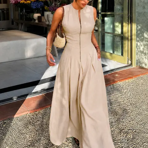Women's Chic Casual A-Line Flowy Sleeveless Crew Neck Maxi Dress - 95% Polyester 5% Spandex, Pockets, Draped, Zipper Front, Soft Comfortable, Beach-to-Work Wear, Wedding Dresses for 2026 Beach Holiday
