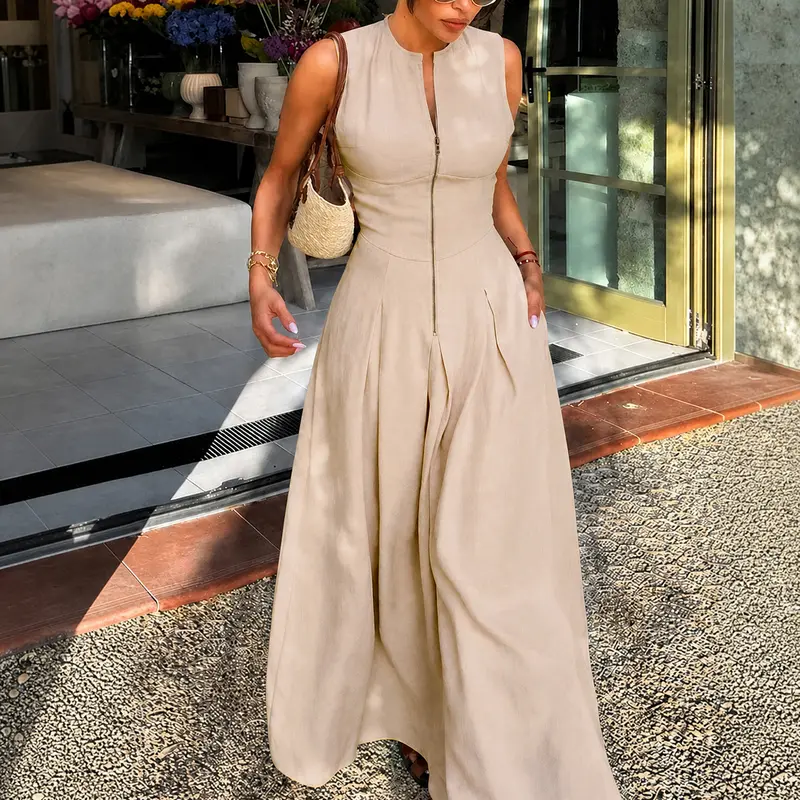 Women's Chic Casual A-Line Flowy Sleeveless Crew Neck Maxi Dress - 95% Polyester 5% Spandex, Pockets, Draped, Zipper Front, Soft Comfortable, Beach-to-Work Wear, Wedding Dresses for 2026 Beach Holiday