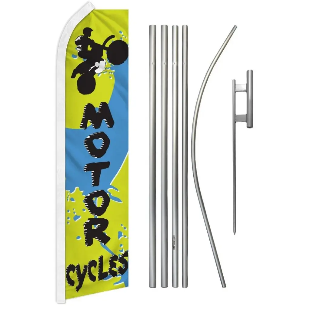 Motorcycle Super Flag & Aluminium-Steel Pole Kit - 11.5ft x 2.5ft Weather Resistant Polyester Graphic Banner, Easy-Install Advertising Backdrop for Festive Supplies, Businesses, Storage