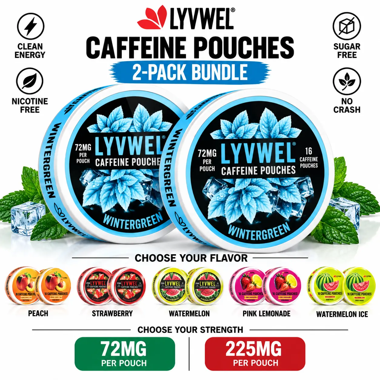 LyvWel Caffeine Pouches– 2-pack  Bundle (72mg or 225mg Per Pouch)