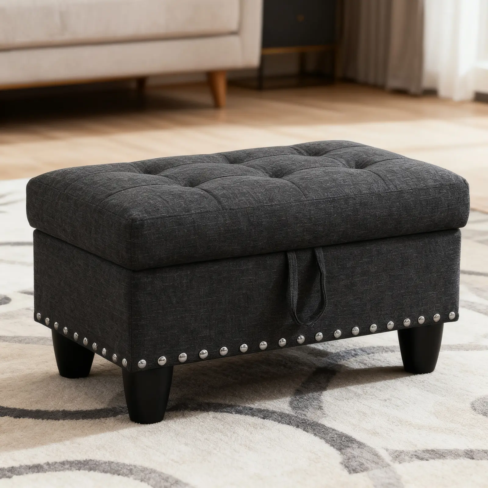 Modern Tufted Storage Ottoman with Luxe Nailhead Trim – Quiet Luxury End of Bed Bench & Coffee Table Footrest for Living Room Home Glow-Up