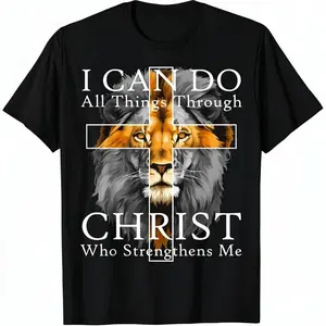 [100% Cotton] Powerful Lion And Cross T-Shirt With Inspirational Bible Verse.
