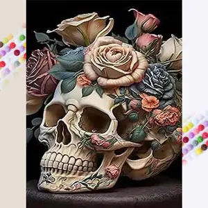 5D DIY Full Drill Round Diamond Painting - Diamond Painting Kit Skull Rose Mosaic Canvas DIY Wall Art, Home Wall Decoration