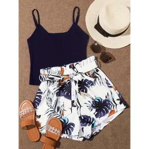 Chic Tropical Print Knit Two-Piece Set - V-Neck Crop Top & High-Waist Belted Shorts, Polyester Blend, Machine Washable - Perfect for Summer