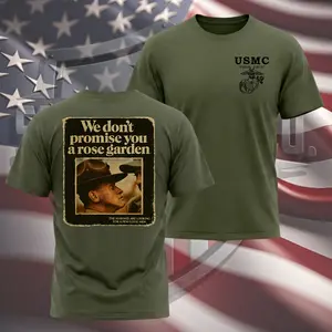 Military Brotherhood Graphic T-Shirt | We Don’t Promise a Rose Garden Veteran Tee, 250 Independence Shirt - Soft Cotton Poly Blend Tee, Uni-sex Classic Fit, Digital Print, 200gsm Heavyweight