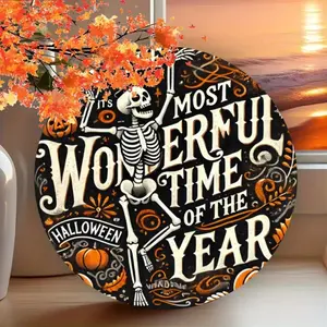 1PC Halloween Skull & Pumpkin Round Aluminum Wall Decor - Easy-Hang Wreath Sign for Home, Cafes & Bar Rooms