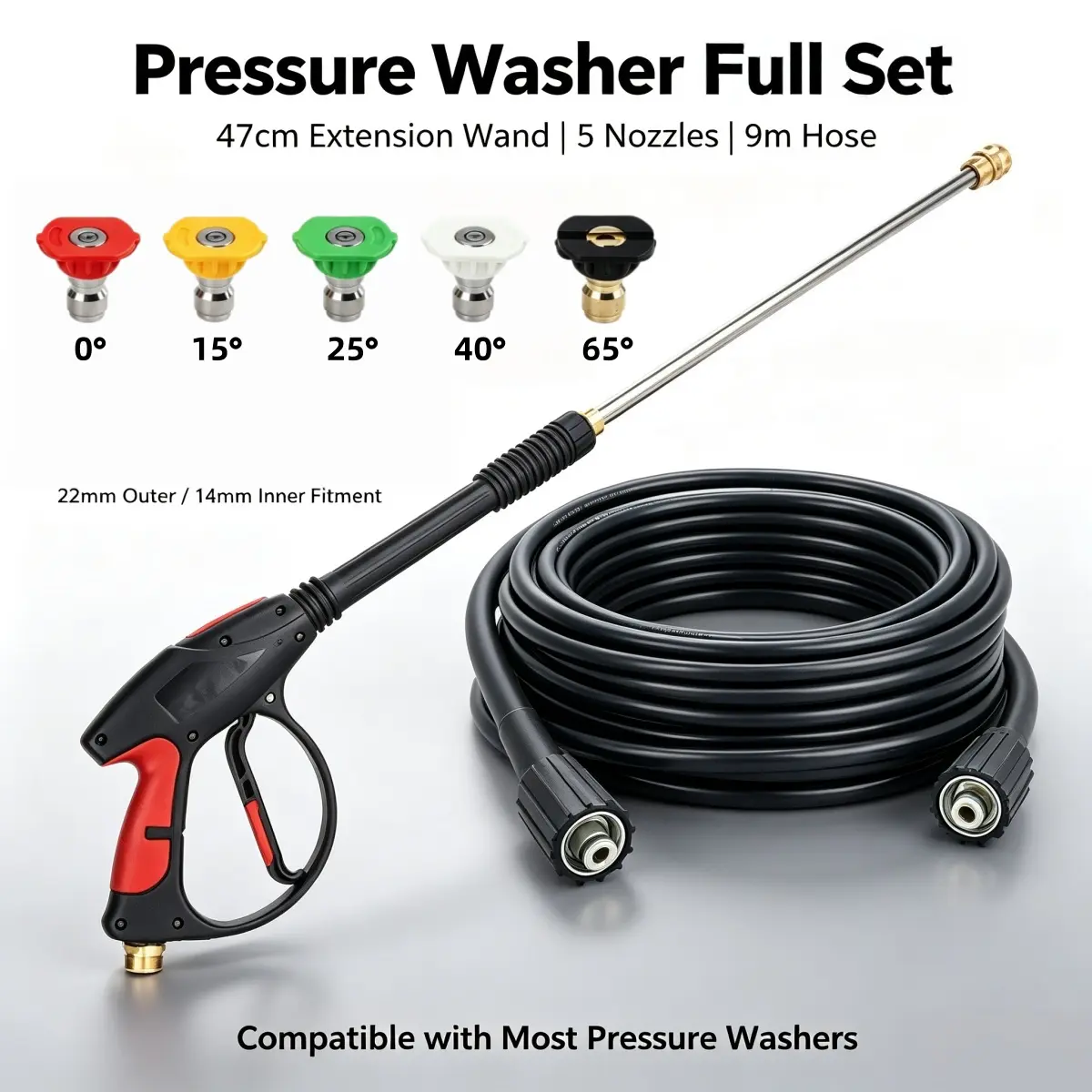 8-in-1 Pressure Washer Spray Wand Kit, 18.5in Extension Lance, 5 Quick Connect Nozzles, 29.5ft Hose, M22 14mm Inner/22mm Outer Fitting, for Car, Patio Cleaning