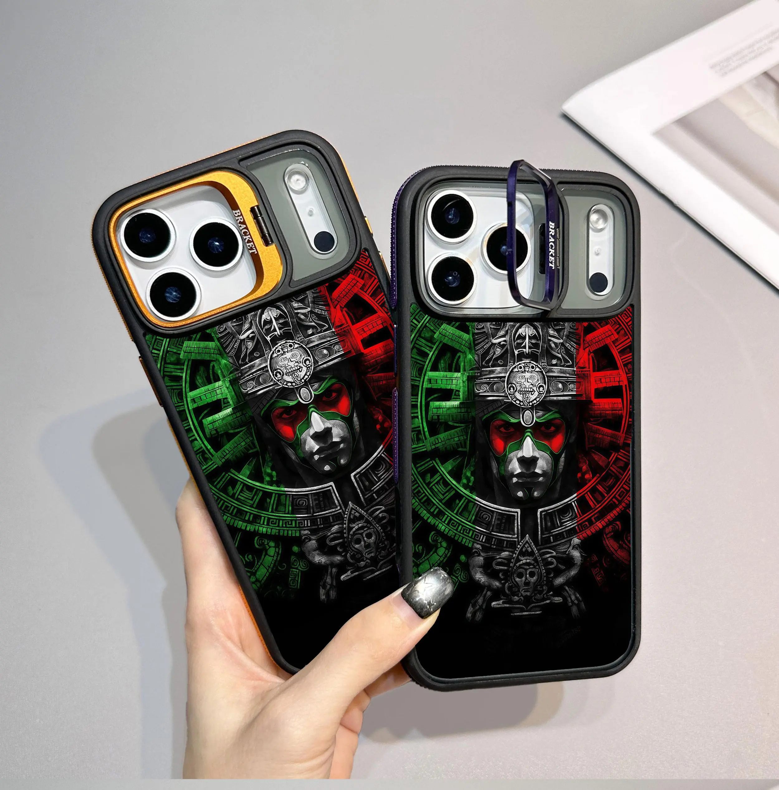 Mexican Aztec Mayan Calendar Dual Color Camera Bracket Stand Phone Case For iPhone 17 Pro Max 16 Plus 15 Pro 14 13 12 11 For Samsung Galaxy S26 S25 S24 S23 FE Ultra EDGE Phone Case, Mexico Flag Colors Shockproof Anti-Scratch Protective#YGSSLDJTZJGH1, Acce