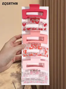 6pcs Valentine's Day pink hair clip set, sweet pink love flower printing square clip combination, suitable for girlfriends to share, holiday gifts, ladies daily out of the street dating versatile back head hair clip set