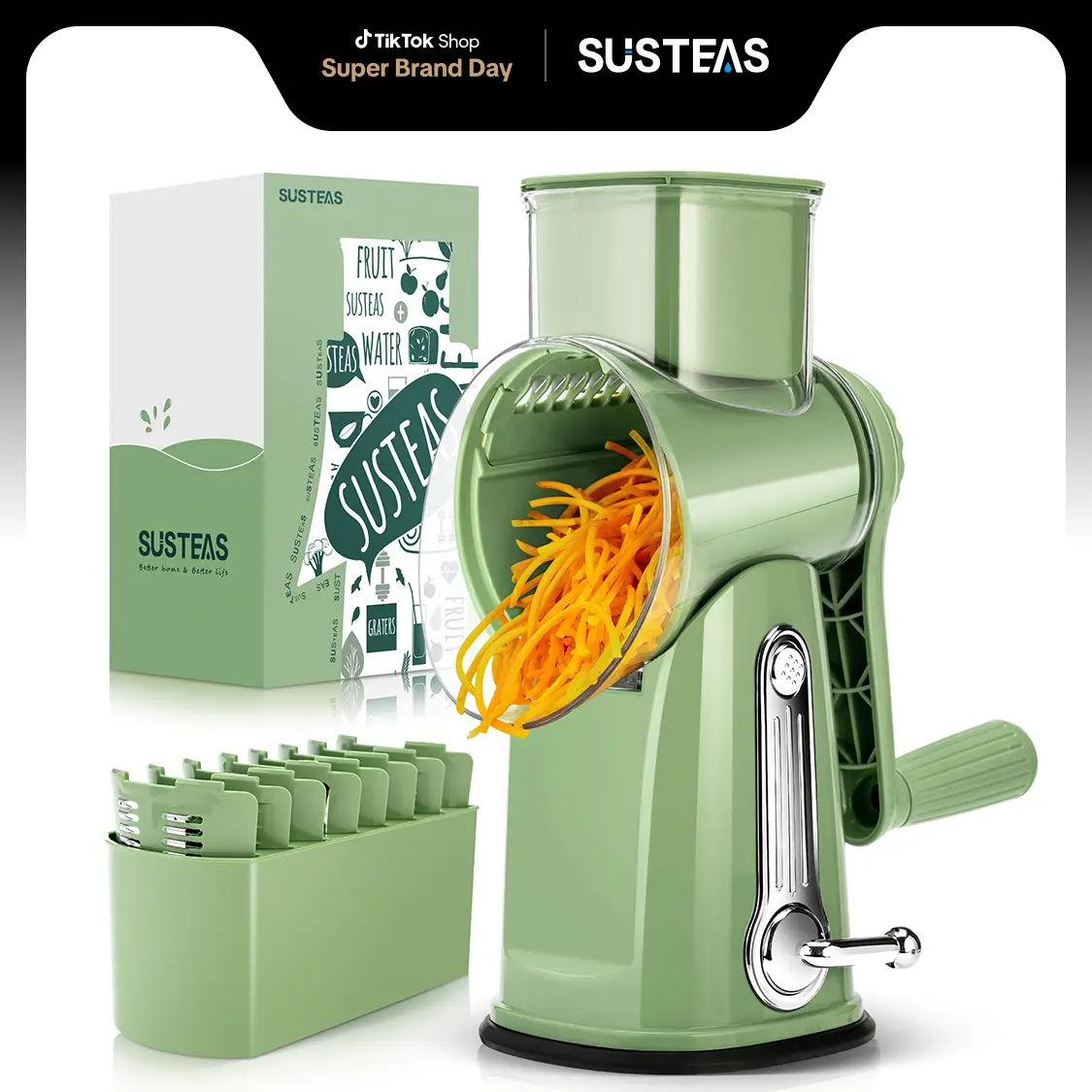SUSTEAS Green Rotating Kitchen Cheese Grater Food Chopper with 5 Well-Designed Blades and Strong Suction Cup Base, Comes with 1 Blade Storage Box Uten