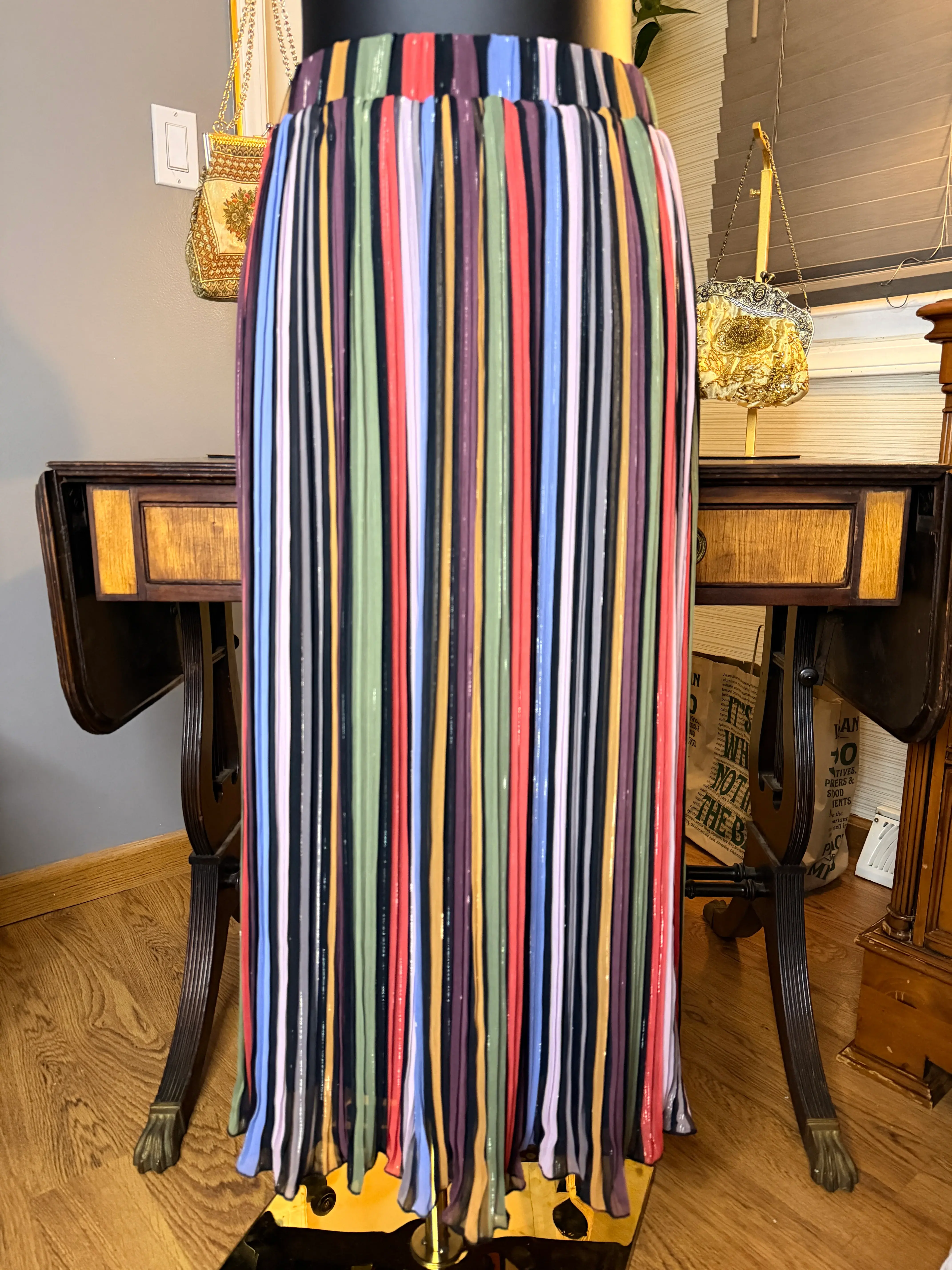 LAIA Pleated Multicolor Midi Skirt Size Small Colorful Vertical Stripe Elastic Waist
