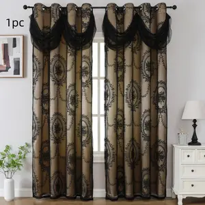 1pc double layer jacquard blackout curtains with valance, Flower Embroidery Lace Privacy Curtain, Light Filtering Door Curtain for Home Decor, Window Curtain, Blackout window cover