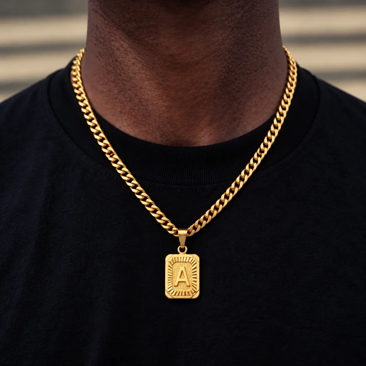 Initial Necklace for Men - 5mm Cuban Chain Necklace, Square Capital Letters Pendant, Gold-Plated, Multi-Size Costume Jewelry, Birthday Gift