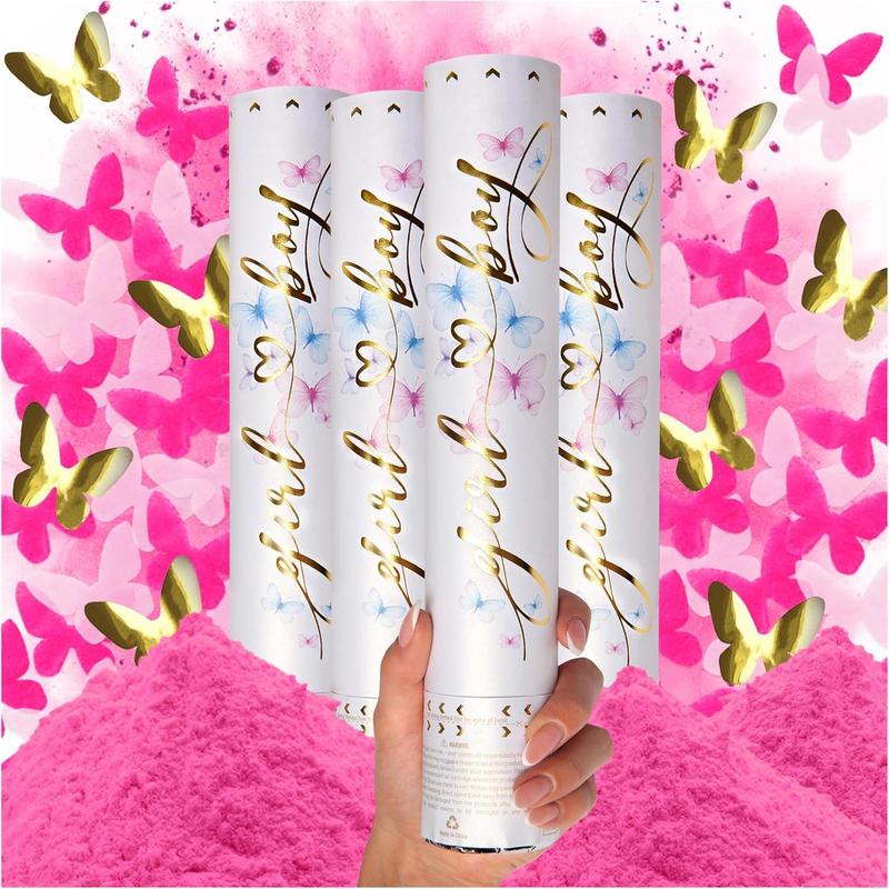 Gender Reveal Confetti Cannon - Biodegradable Powder & Butterfly Shaped Confetti Poppers - Pink 4 Pack - Baby Girl Gender Reveal Smoke Bomb Party Poppers