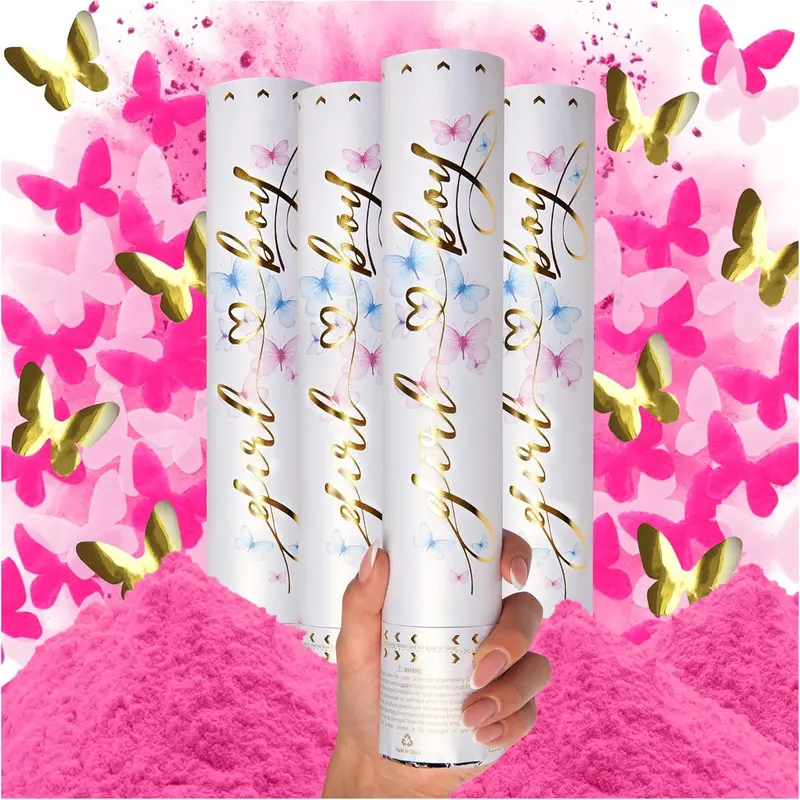 Gender Reveal Confetti Cannon - Biodegradable Powder & Butterfly Shaped Confetti Poppers - Pink 4 Pack - Baby Girl Gender Reveal Smoke Bomb Party Poppers