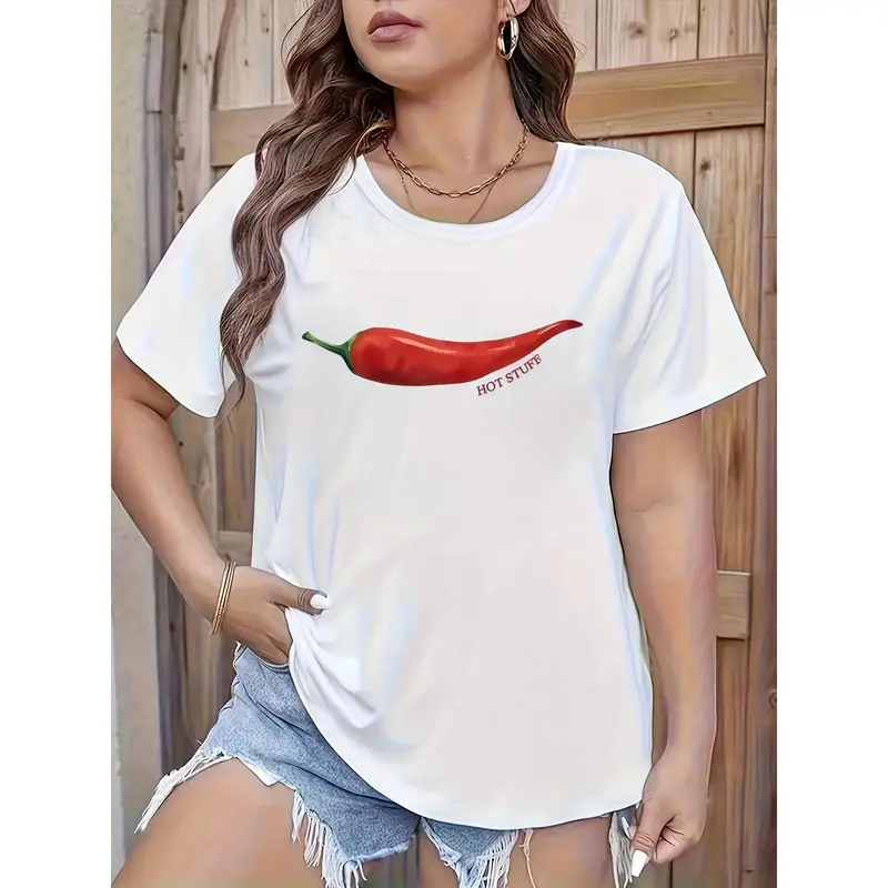 Women's White Casual T-Shirt - Chili Pepper Graphic Tee with Funny "No Drama" Saying, Soft Everyday Shirt for Women, Machine Washable Everyday Top, Relaxed Outfit, Statement Print, Easy Care, Printed Blouse, Laidback Look