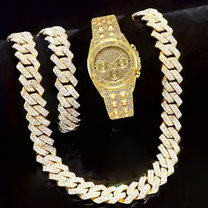 Luxury Men's Rhinestone Watch Set with Cross Necklace, Ring & Bracelet, Perfect Gift for Holidays & Birthdays, Hip Hop Fashion Jewelry