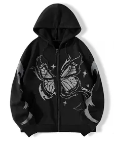 Women's Butterfly Print Zip Up Gothic Hoodie, Casual Long Sleeve Hooded Outerwear for Fall & Winter, Women's Clothes for Daily Wear, Sweatshirts, Womenswear