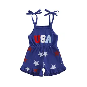 Cpzvucak 4th of July Baby Girl Outfit Toddler Usa Romper Red White And Blue Star Print Tie Shoulder Ruffled Shorts Jumpsuit Fourth Of July Clothes Set