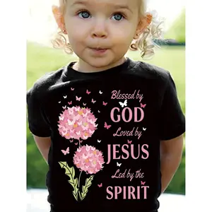 Inspirational Cotton T-shirt Featuring Dandelion and Letter Patterns with Quote Blessed by God Loved by Jesus and Guided by the Holy Spirit Perfect Summer Outfit for Kids and Girls