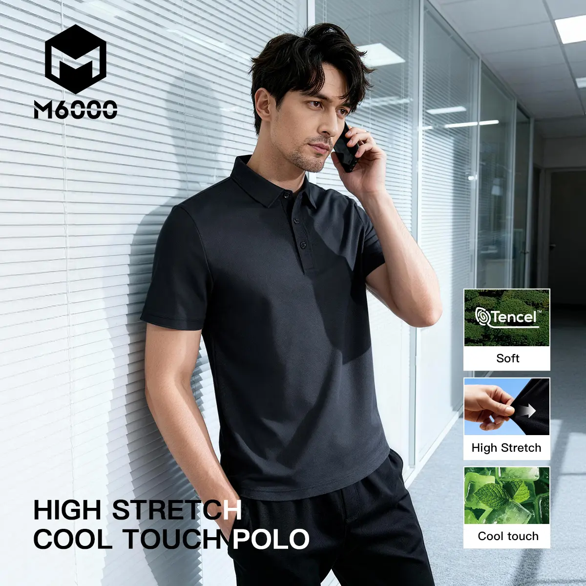 【Elastic Cool 1】M6000 Titanium Collar 3.0 Cool-Touch Polo Shirt Men's Solid Short-Sleeve Custom Tee