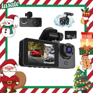 LASATE Free 256GB card 3-channel driving recorder with 360-degree viewing angle, 1080P camera suitable for cars, night vision function, you can use APP. Automotive Dashcam(Not wireless)   Requires charging to use
