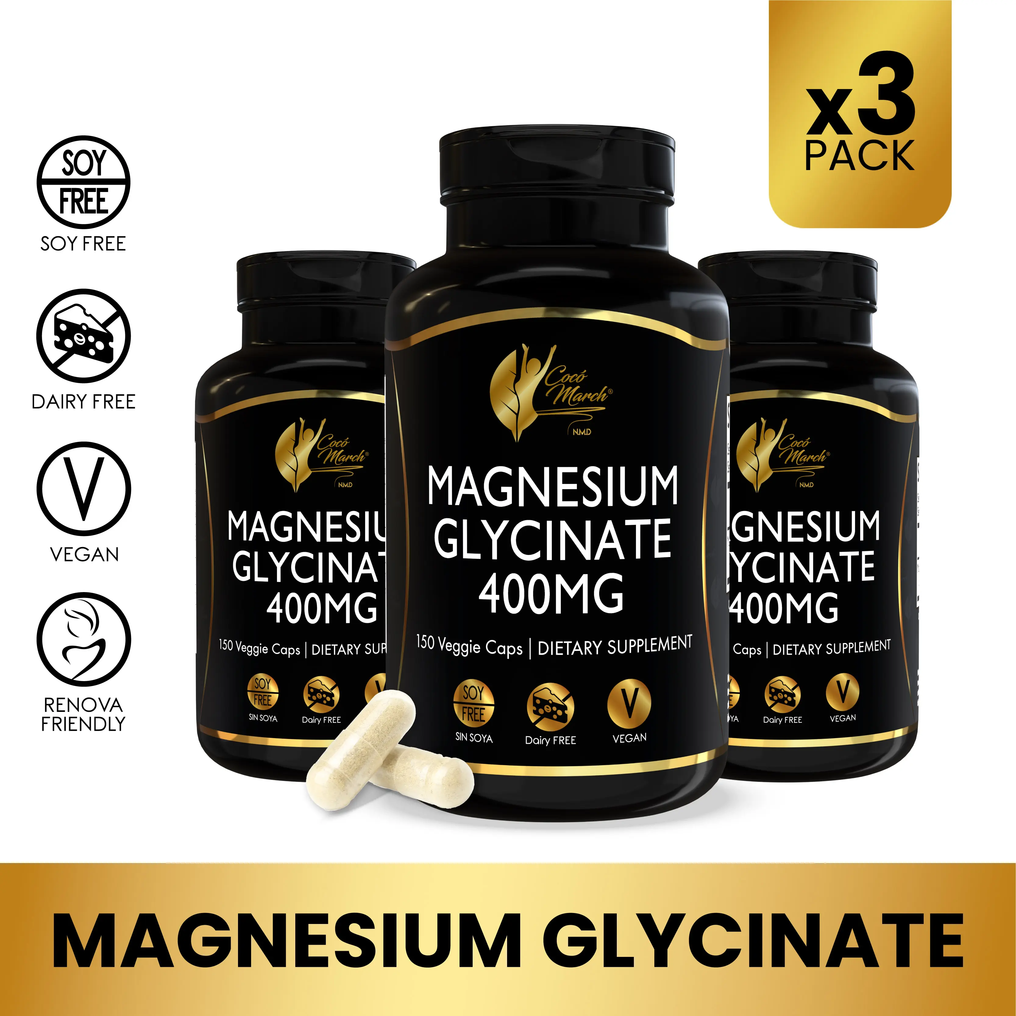 3 Pack of Coco March N.M.D Magnesium Glycinate 400mg - 450 Vegan Capsules per Pack- 90-Day Supply - Gentle Digestion & Optimal Absorption - Vegan Friendly - US Made