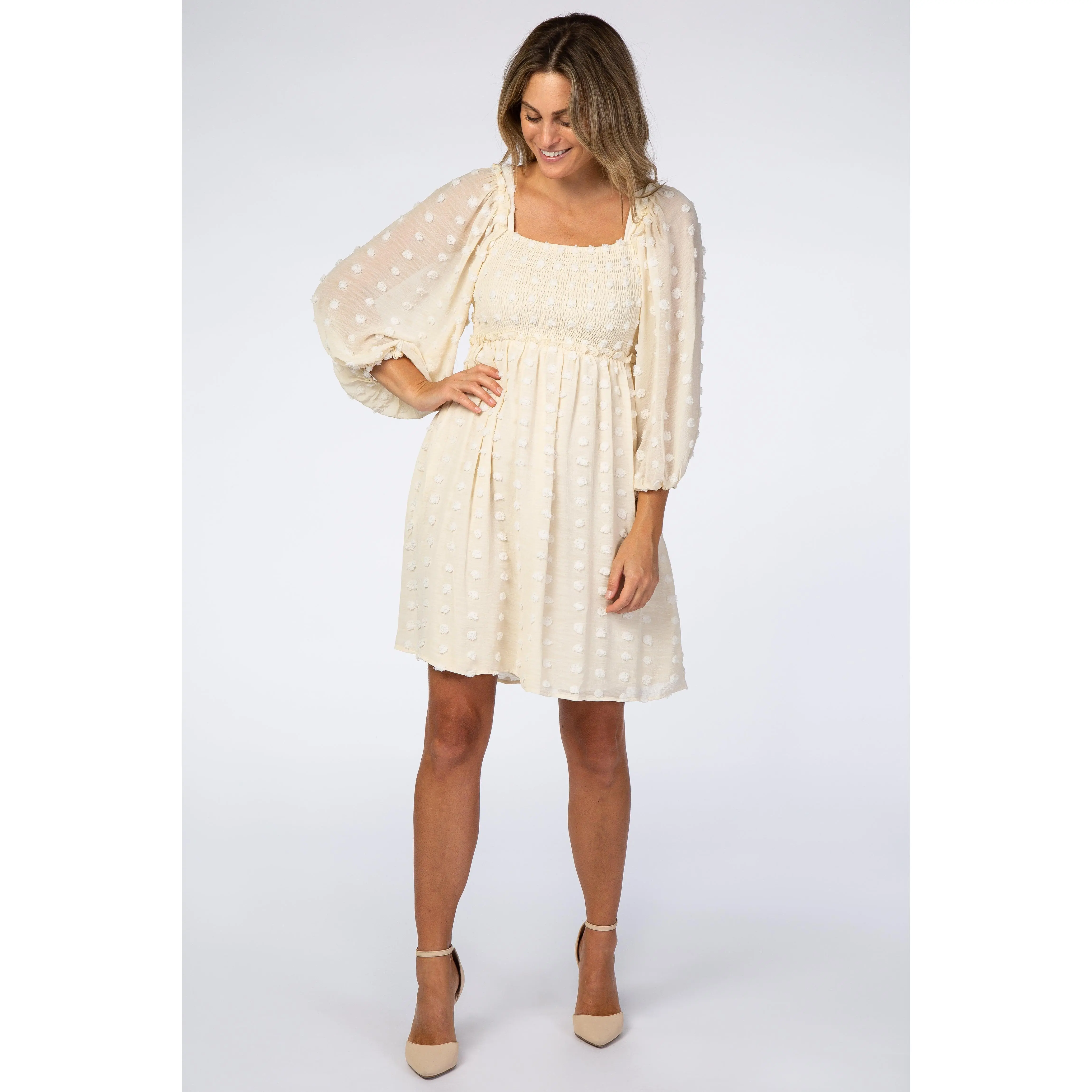 Beige Textured Dot Smocked Square Neck Chiffon Dress
