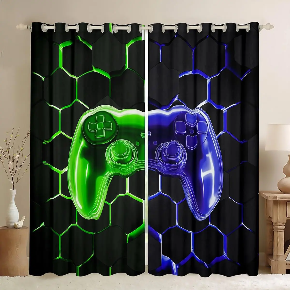 Gamer Curtain (2 Panels),Gaming Blue Green Window Drapes Honeycomb Game Blackout Shades Lightweight Microfiber Game Room Decor
