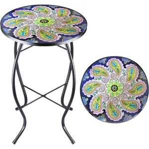 12 Inch Small Outdoor Side Table with Purple Flower, Glass Mosaic Patio Table Indoor, Round Plant Coffee Table for Living Room, Balcony, Garden