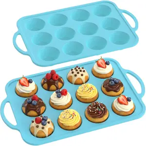 Silicone Muffin Pan for Baking with Metal Reinforced Frame, 12 Cup Regular Size Cupcake Pan, Free Silicone Muffin Tray, Cupcake Baking Pan Molds for Oven Dishwasher Safe - Blue