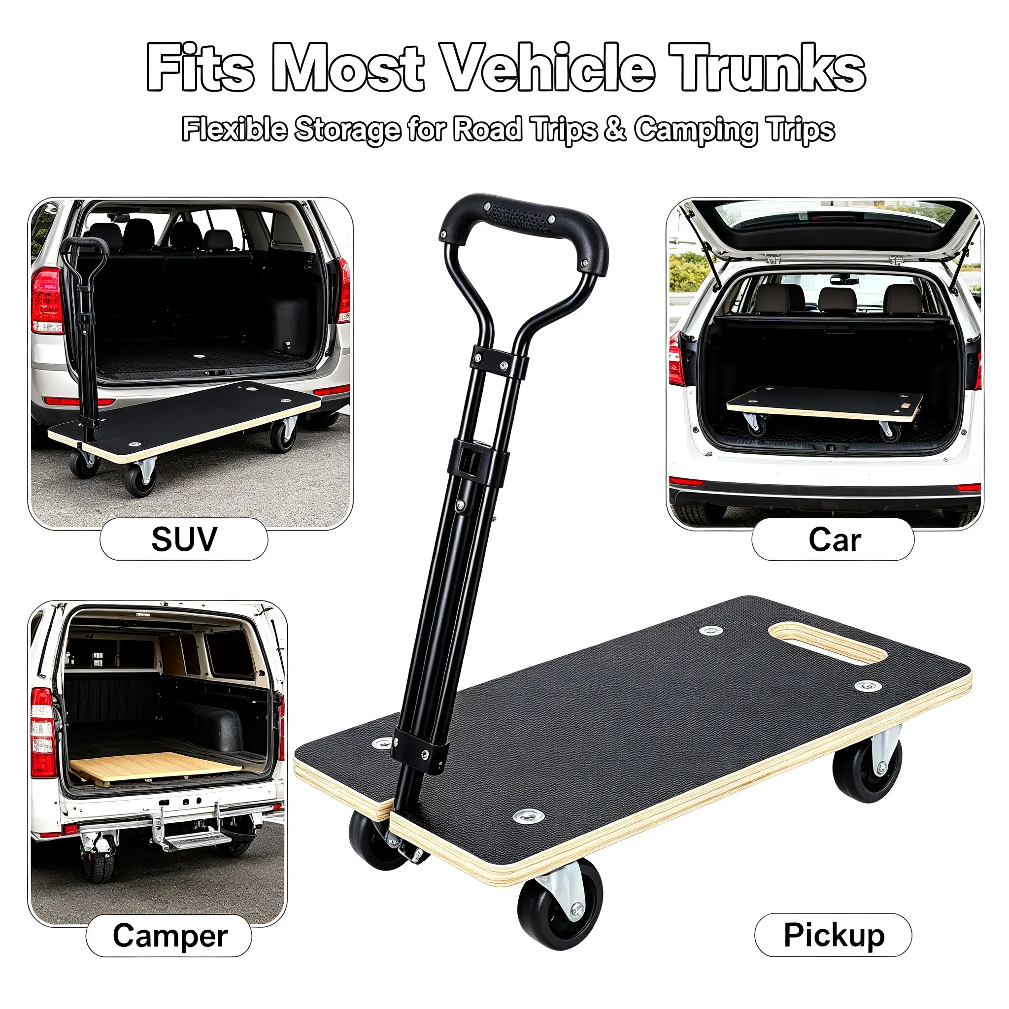 Foldable Plywood Moving Dolly - 440lbs Max Capacity Transport Cart with Retractable Ergonomic Handle, Single-Hand Carry Cutout, Anti-Skid Design, Flat-Folded for Small Apartment Narrow Halls, Indoor Furniture Mover Camping Essential