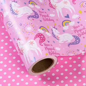 Reversible Unicorn Polka Dot Gift Wrap Paper, Magical Birthday Rainbow Clouds Roll, Girls Party DIY Craft Decor, 43.2cm X 1000cm