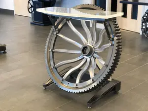 Worm Gear Wall Table with Cast Glass Top - Industrial Design 20"L x 40"H x 36"W Painted Automotive Base Coat Silver & Black Colors Clear Coat