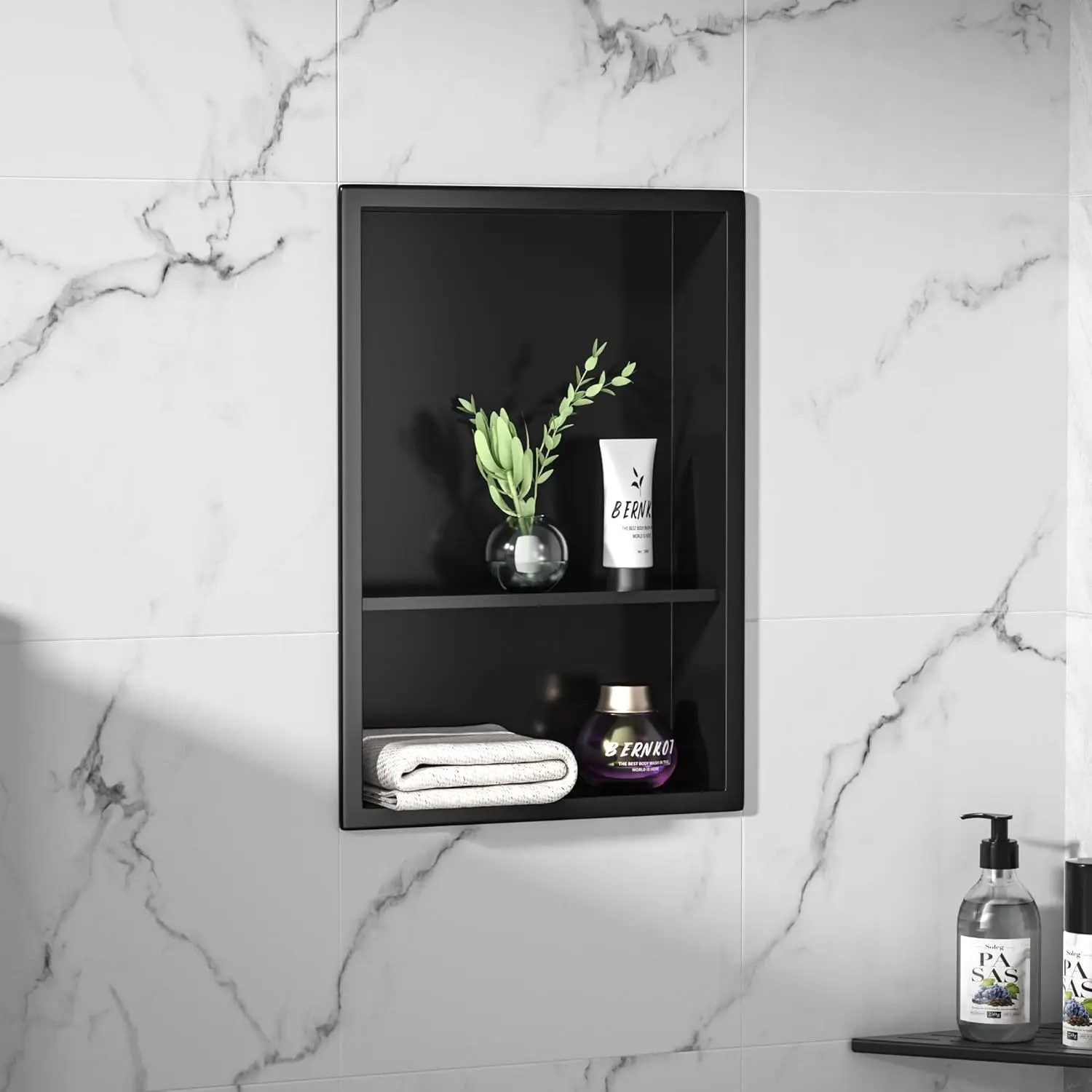 18" x 12" Stainless Steel Shower Niche, Matte Black, No Tile Needed, Over-Mounted Installation with Two-Tier Shelves, Rustproof & Leak-Proof Recessed Wall Niche for Bathroom Storage