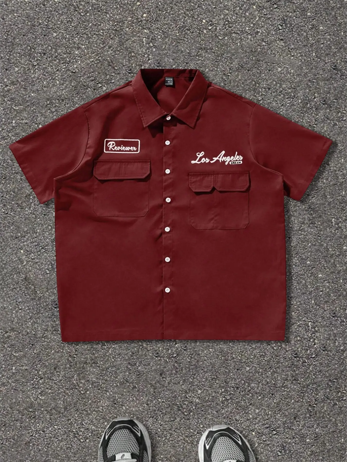 Burgundy Los Angeles Letter Print Short Sleeve Casual Outings Relaxed Fit Shirt, American Vintage Workwear Style, Loose Fit Top with Two Pockets